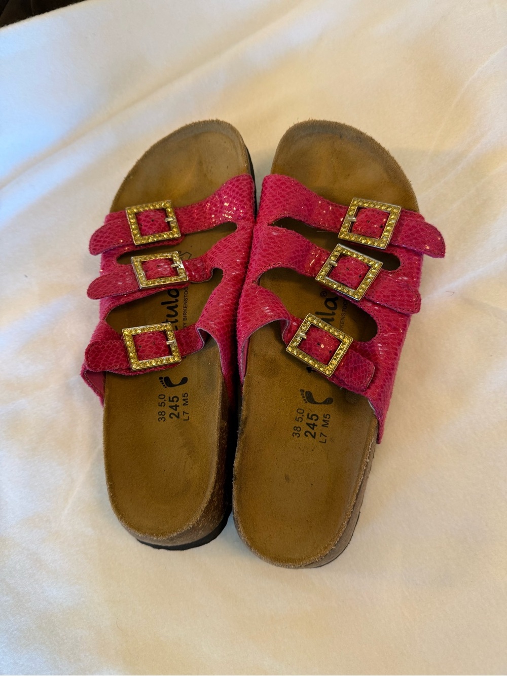 Hot Pink Triple Buckle Sandals with Gold Accents
